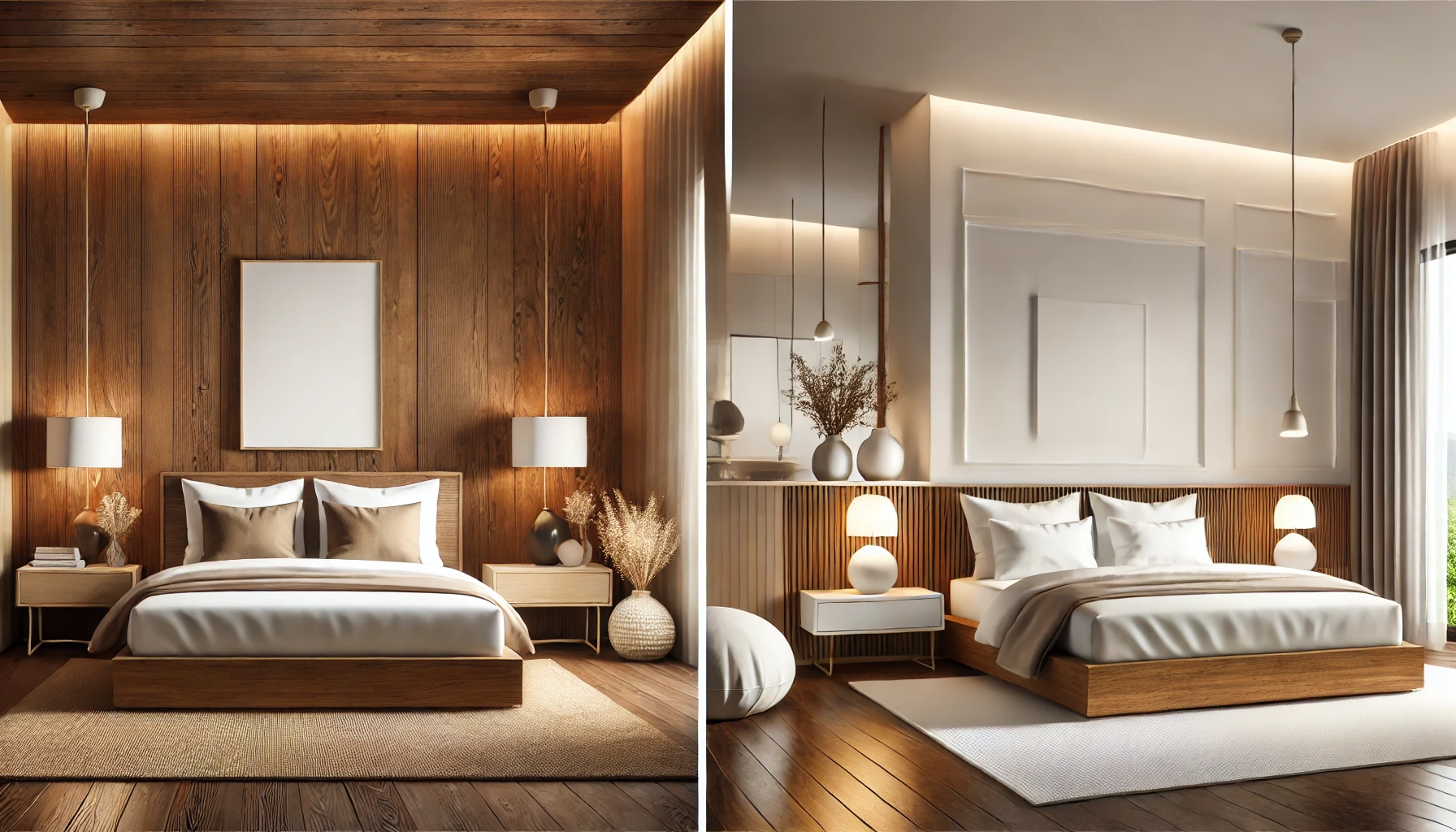 Two different bedroom designsThe first bedroom features a natural wooden brown color palette